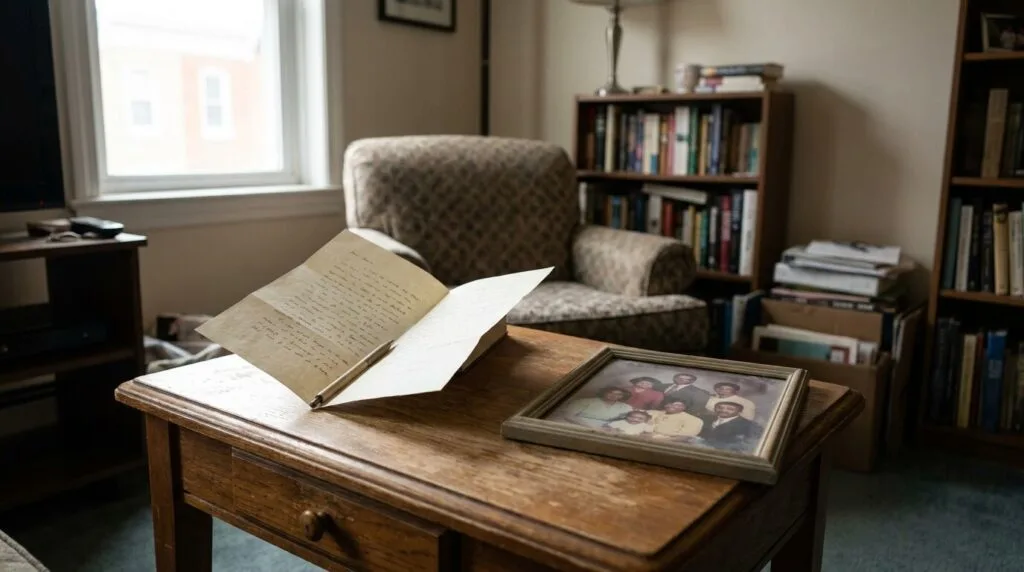 handwritten letter and framed family photo on wooden desk in residential room