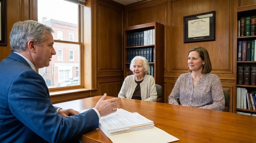 attorney meeting with two clients in wood-paneled office with legal documents