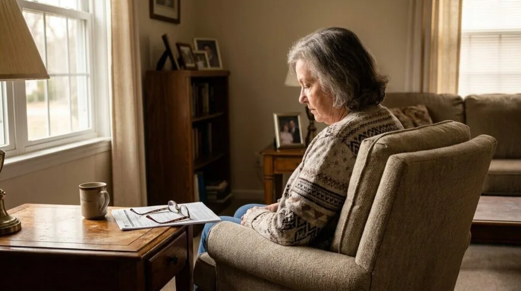 elderly woman seated in armchair reviewing documents on side table at home