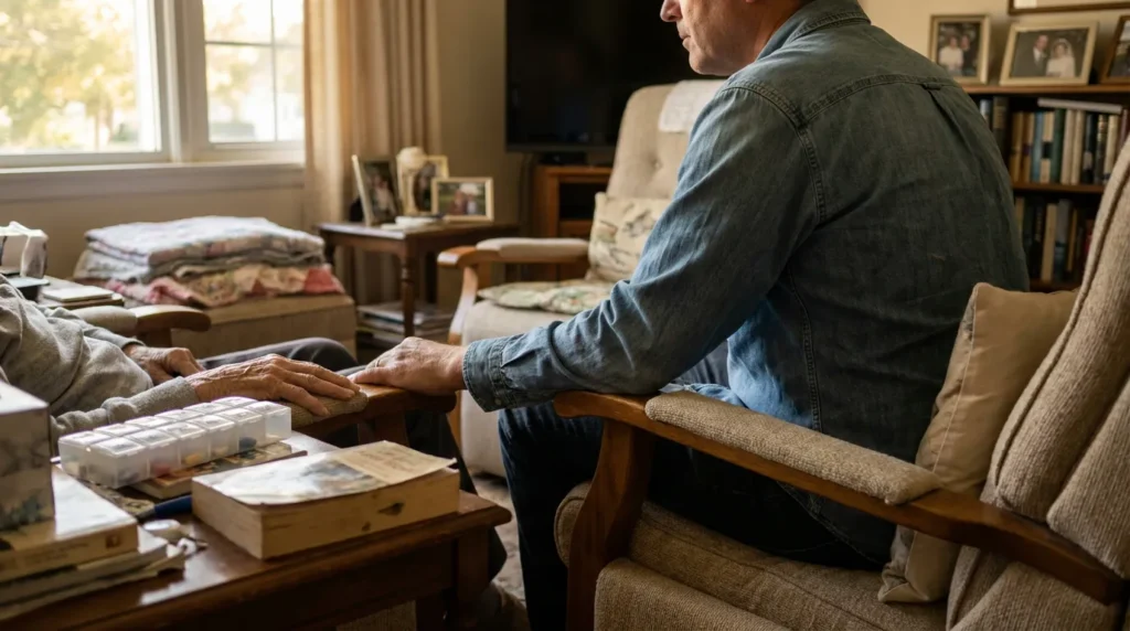 man seated in armchair reaching toward elderly person's hand in home living room