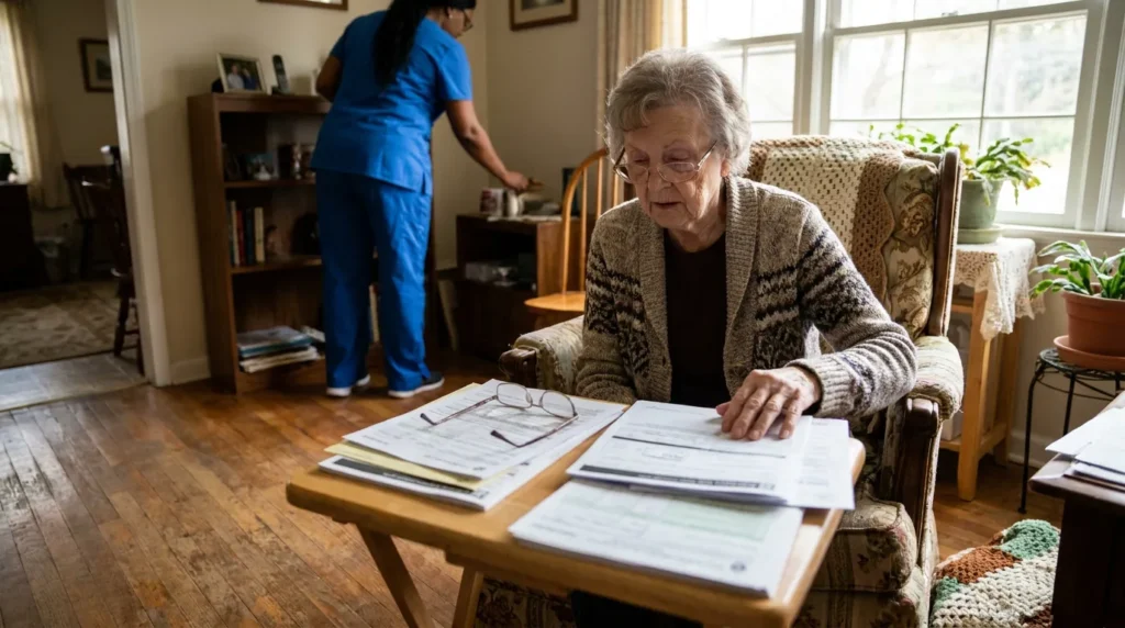 elderly woman reviewing documents at home while caregiver works nearby