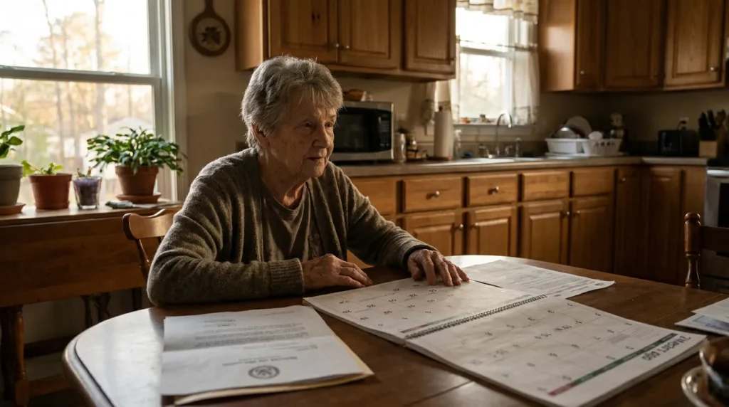 elderly woman seated at kitchen table reviewing calendar and legal documents