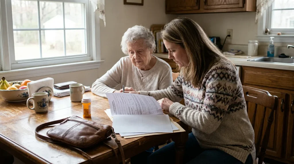 younger woman helping elderly woman review legal documents at kitchen table