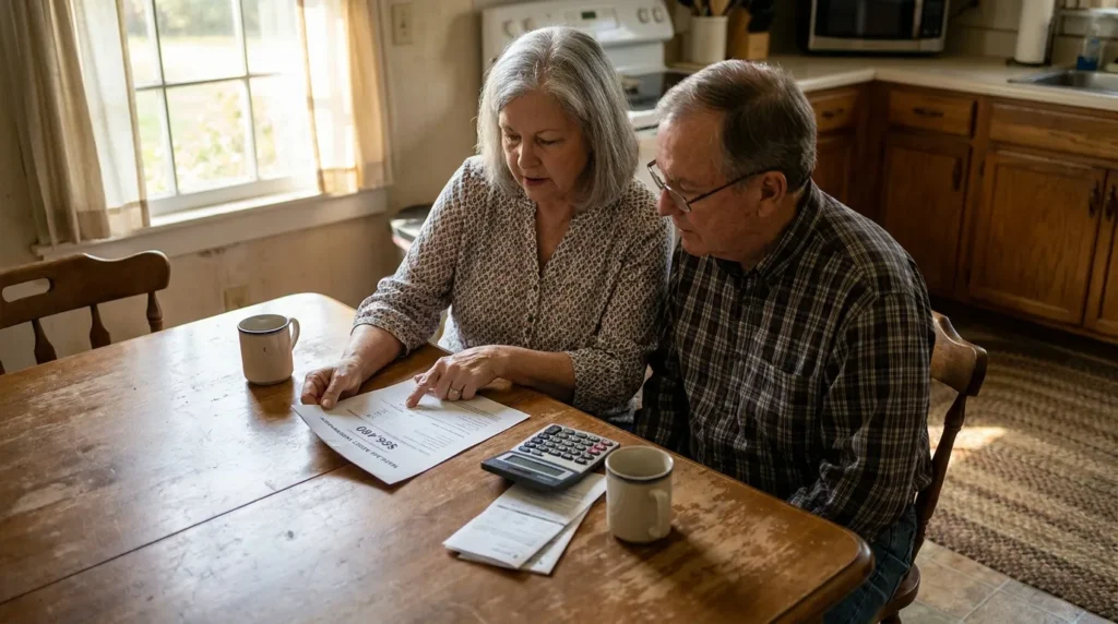 elderly couple reviewing documents and calculator at kitchen table