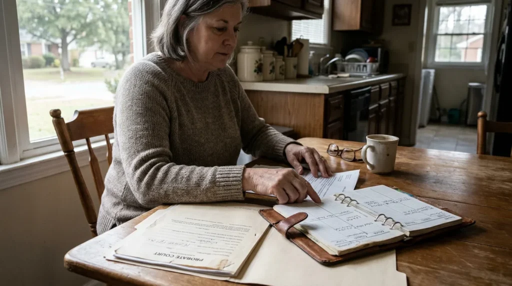 woman reviewing probate court documents and binder at kitchen table