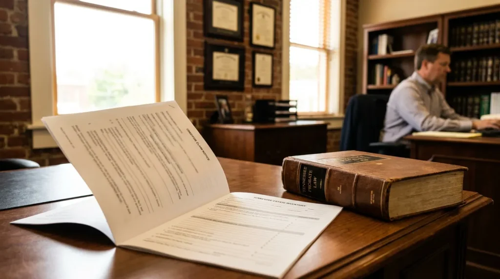 Tennessee Probate Law book and creditor claim notice on law office desk