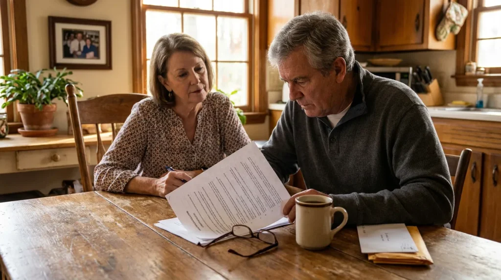 older couple reviewing legal documents together at kitchen table with coffee mug