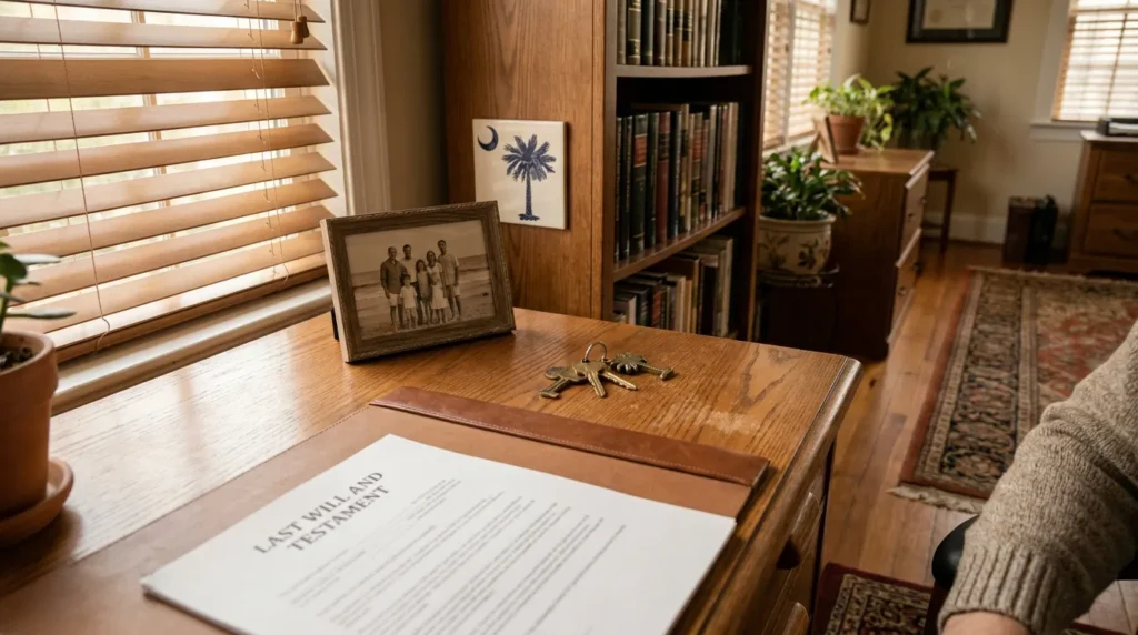 Last Will and Testament document on desk with family photo and keys