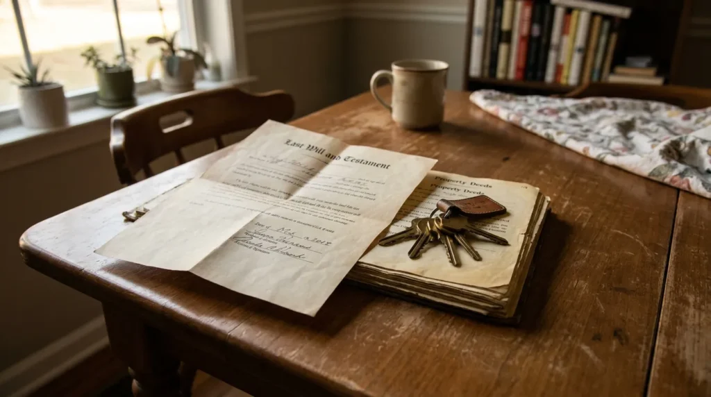 Last Will and Testament document with property deeds and key ring on wooden table