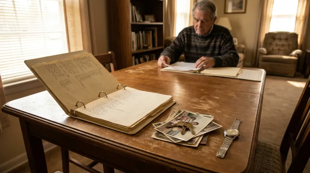 elderly man reviewing documents at table with open binder, photographs, and keys