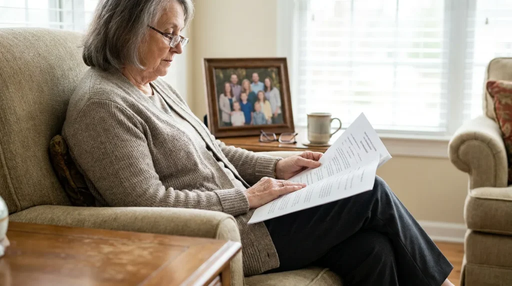 elderly woman seated in armchair carefully reading printed legal documents at home