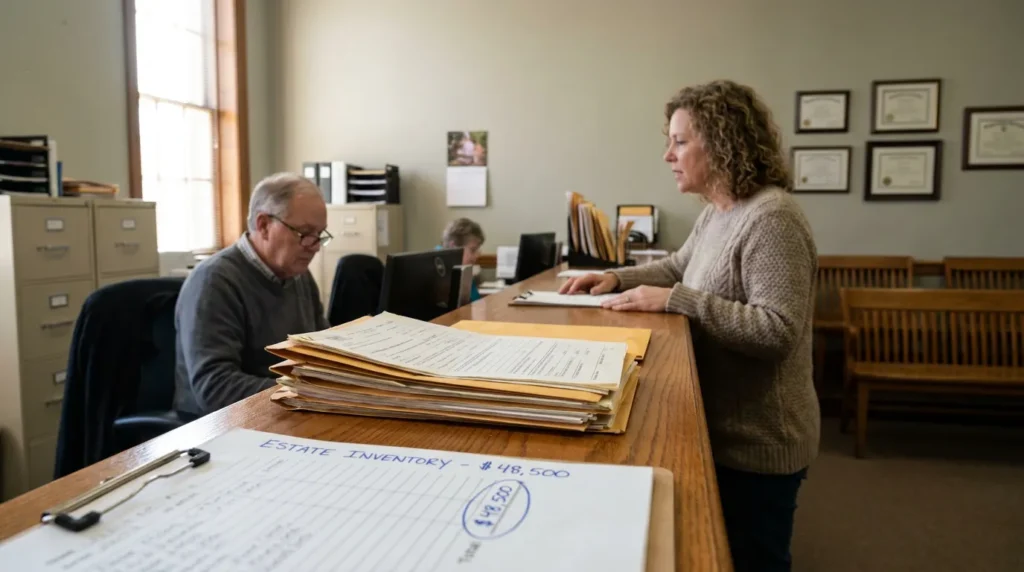 Estate inventory document on counter with two professionals reviewing legal files