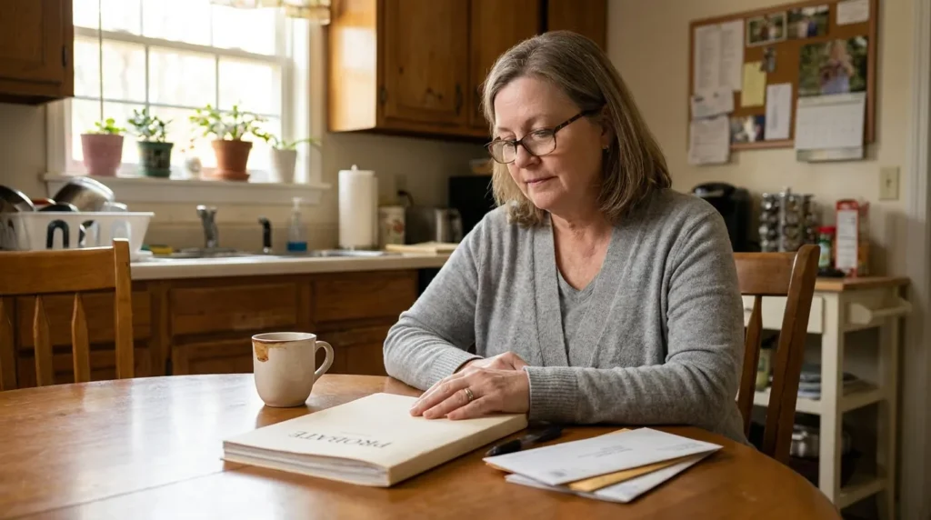 woman reviewing probate document at kitchen table with coffee mug