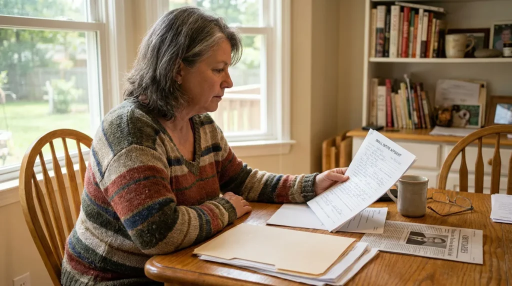woman seated at table reviewing small estate affidavit legal document