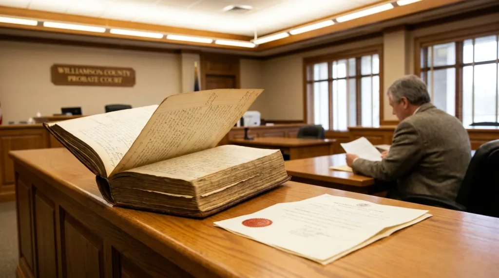 Williamson County Probate Court interior with open ledger and sealed legal document