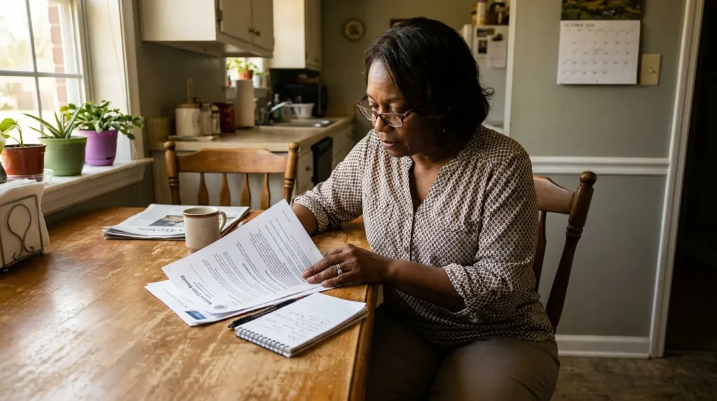 woman seated at kitchen table reviewing printed legal documents and notepad