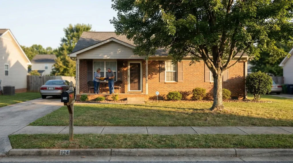 two people reviewing documents on front porch of brick residential home numbered 124